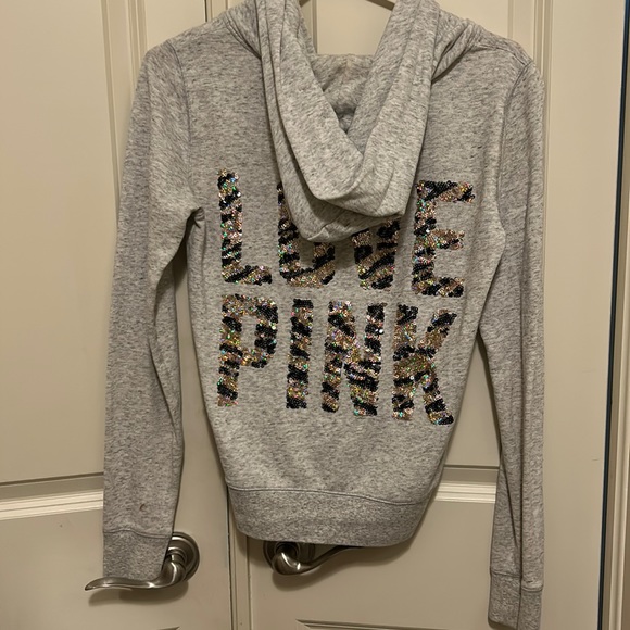 Victoria's Secret PINK Sequin Bling Hoodie Gray SMALL Gold Black Tiger Stripes - Picture 1 of 5